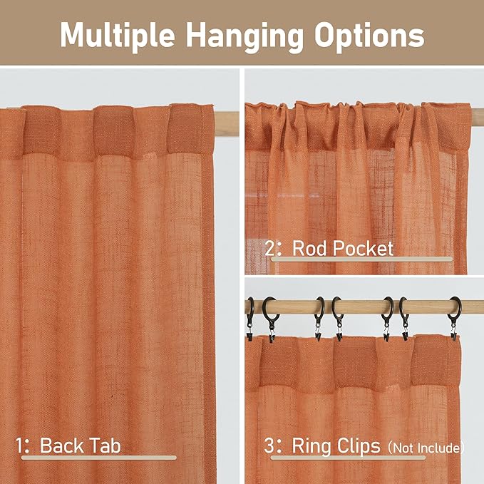 LAMIT Semi Sheer Linen Curtains 45 Inches Long, Light Filtering Panels Back Tab and Rod Pocket Country Decor Drapes for Farmhouse/Window/Bedroom, Burnt Orange, 2 Panels, 52 x 45 Inch