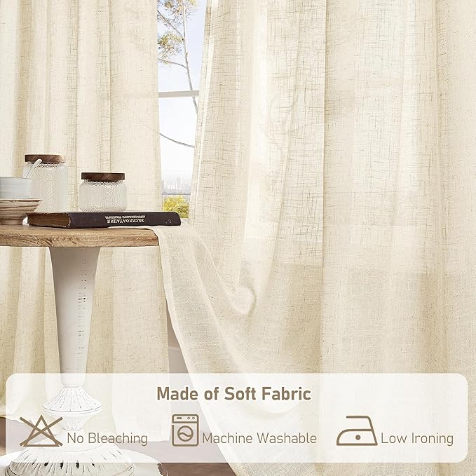 LAMIT Beige Linen Curtains for Doorway Living Room 2 Panels Set, 80 Inch Faux Linen Textured Light Filtering Drapes Back Tab and Rod Pocket Boho Panels for Bedroom/Porch, 52 x 80 Inch