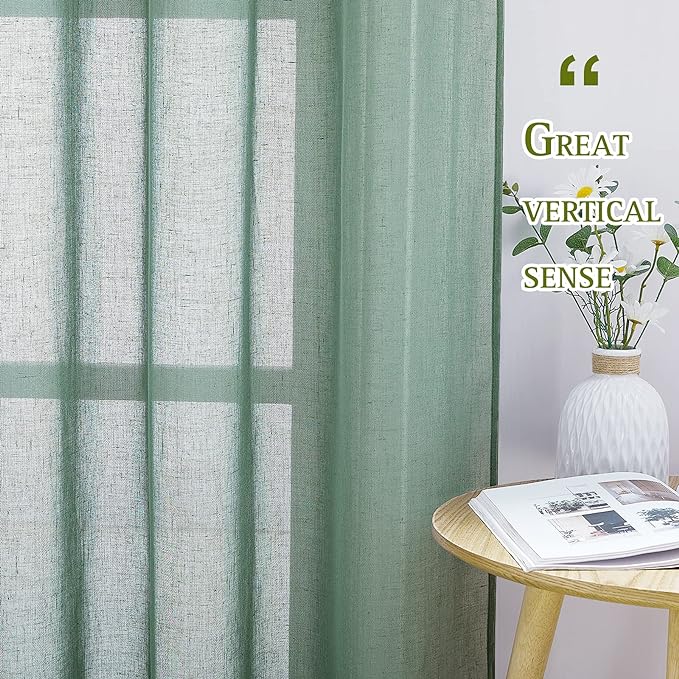 NICETOWN Linen Textured Semi Sheer Olive Green Curtains, Grommet Privacy Flax Linen Blend with Light Filtering Window Curtains & Drapes for Bedroom/Living Room, 2 Panels, W36 x L63