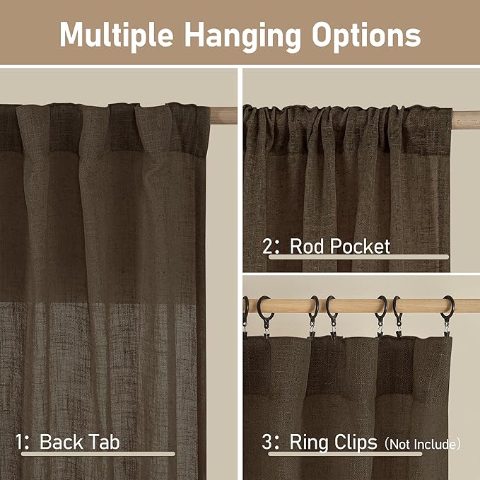LAMIT Dark Brown Sheer Linen Curtains, 96 inch Light Filtering Semi Sheer Panels Back Tab and Rod Pocket Farmhouse Drapes for Bedroom/Living Room, 2 Panels, 52 x 96 Inch
