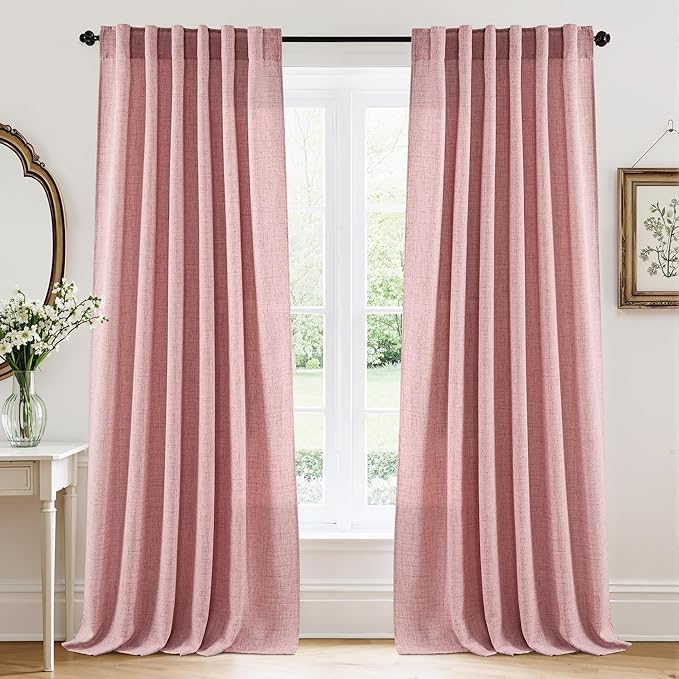 RYB HOME Living Room and Bedroom Curtains and Drapes Linen Sheer, Light Filtering Curtains 84 inches Long, Back Tab/Rod Pocket, Peach Blush, W 52 x L 84 inches, 2 Panels Set