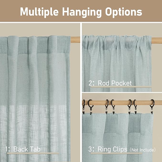 LAMIT 102 Inch Length Light Filtering Sheer Linen Curtains, Linen Textured Semi Sheer Back Tab and Rod Pocket Natural Boho Drapes for Living Room/Farmhouse, 2 Panels, Greyish Blue, 52 x 102 Inch