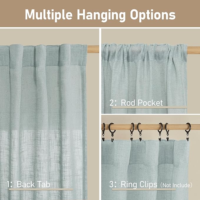 LAMIT Greyish Blue Linen Curtains 45 Inches Long for Bedroom, Light Filtering Panels Back Tab and Rod Pocket Neutral Drapes for Kitchen/Window/Loft Room, 52 x 45 Inch, 2 Panels