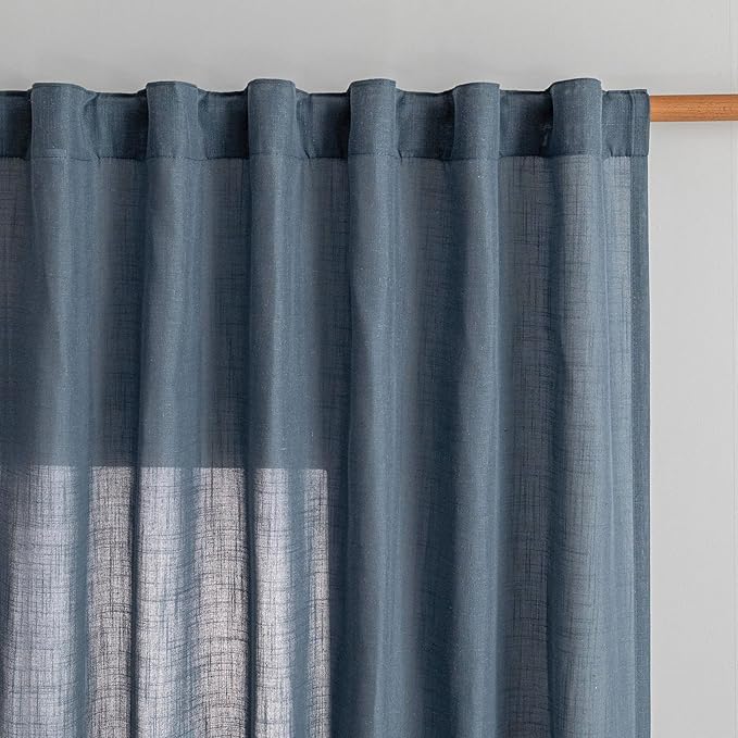 MYSKY HOME Extra Long Sheer Curtains Farmhouse, Sliding Door Curtain for Living Room Light Filtering Privacy Protect Soft Linen Blend Back Tab Window Drapes, 50" x 108", Dusty Blue, 2 Panels