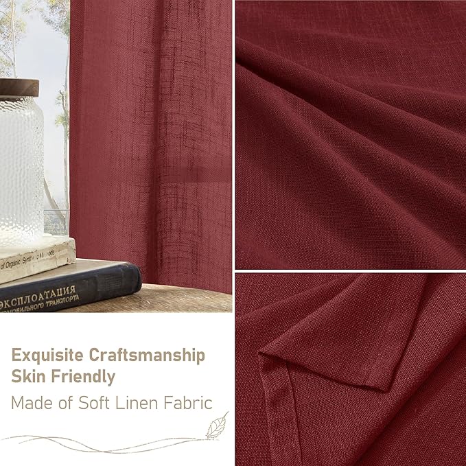 LAMIT Semi Sheer Linen Curtains 54 Inches Long for Bedroom, Light Filtering Boho Panels Bronze Grommet Christmas Decor Window Drapes for Windows/Farmhouse, Burgundy Red, 2 Panels, 52 x 54 Inch
