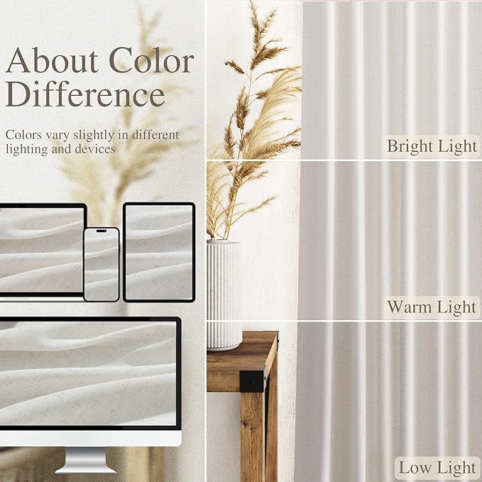 Nanspring Natural Linen Curtains 72 Inches Long for Living Room Country Light Filtering Semi Sheer Curtains Farmhouse Decor Curtain for Bedroom Back Tab and Rod Pocket 52x72, 2 Panels