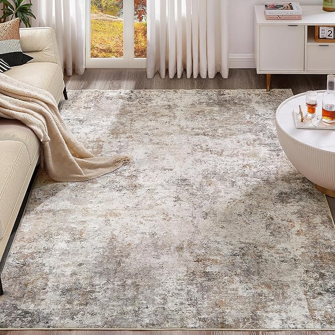 UERMEI 9x12 Area Rug Living Room Rugs - Washable Neutral Modern Abstract Soft Thin Large Rug Indoor Floor No Slip Rug Carpet for Bedroom Under Dining Table Home Office Decor - Brown Grey
