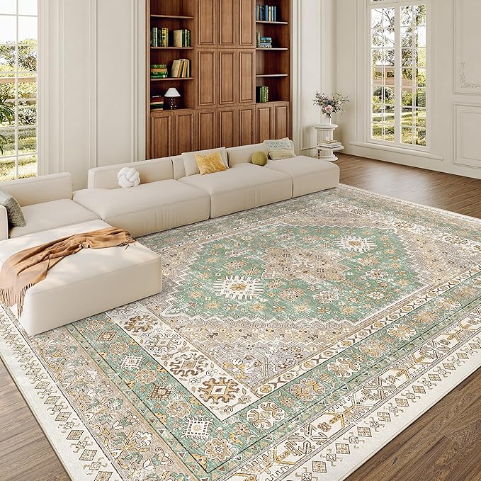 zesthome 9x12 Area Rugs,Stain Resistant Washable Rug,Ultra-Thin Rugs for Living Room,Bedroom,Non-Slip Backing Home Decor Large Area Rug (Green,9'x12')