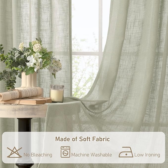 LAMIT Sage Grey Sheer Linen Curtains 63 Inch for Bedroom, Light Filtering Neutral Semi Sheer Farmhouse Boho Curtains Back Tab and Rod Pocket Living Room Panels, 2 Panels, 52 x 63 Inch