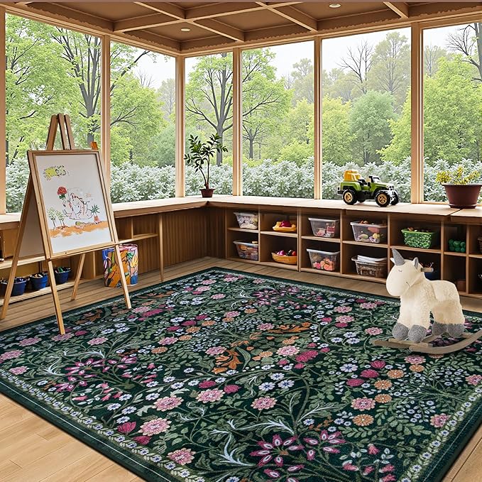 6x9 Area Rugs for Living Room: Floral Washable Rug Vintage Large Soft Boho Non-Slip Carpet Indoor Stain Resistant Thin Carpets for Bedroom Dining Room Farmhouse Nursery Hallway Home Office Dark Green
