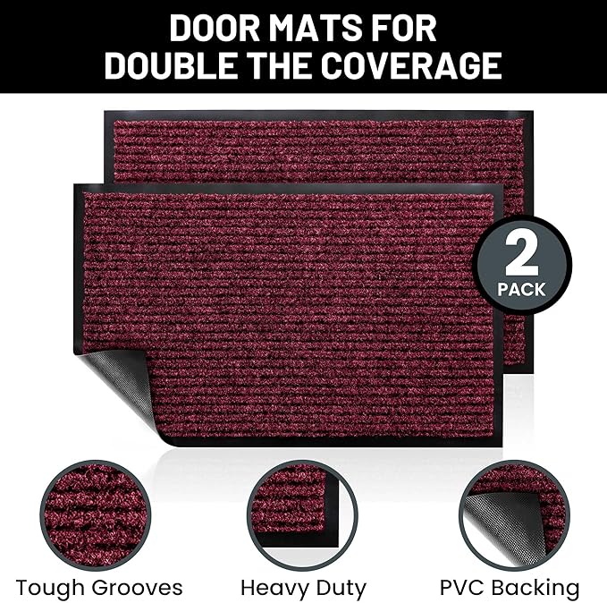 Sierra Concepts Front Door Mat Large Welcome Floor Mats - Entryway Indoor Outdoor Entrance Doormat, Patio, Porch, Muddy Dog Shoe, Inside Outside Low Profile 36x24in, 2-Pack Red