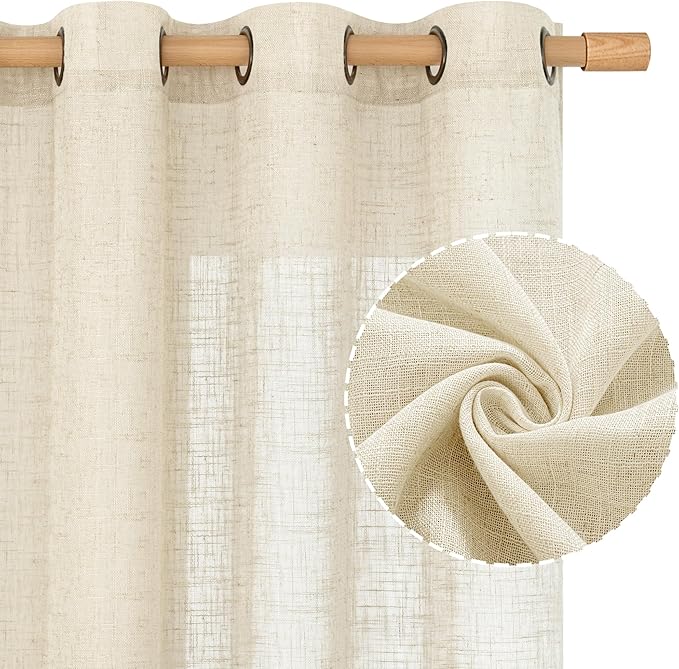 LAMIT Linen Semi Sheer Curtains 72 Inches Long for Bedroom, Beige Light Filtering Panels Bronze Grommet Boho Window Drapes for Living Room/Farmhouse, 2 Panels, 34 x 72 Inch