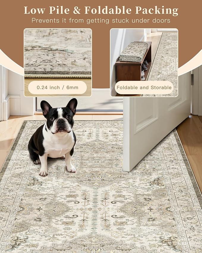 Madane Washable Runner Rug - 2x8 Runners for Hallways Kitchen Non-Slip Runner Rugs Ultra-Thin Laundry Room Rug Throw Carpet Runner for Entrance Living Dinning Room Foyer (Ivory/Brown, 2 x 8)
