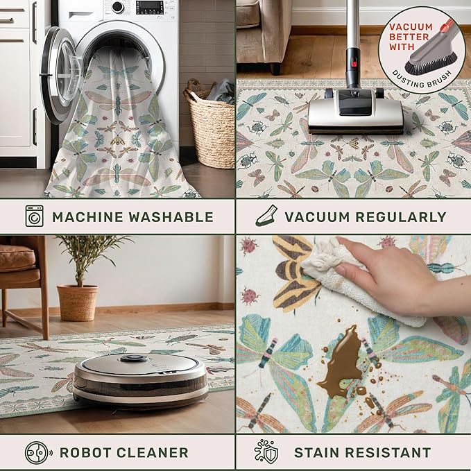 Hazo Haus Washable Non Slip Bathroom Runner Rug 2x5, Insect Boho Bath Mat, Stain Resistant Low Pile Butterfly Insect Print Rugs for Laundry Room, Powder Room, Beige Green