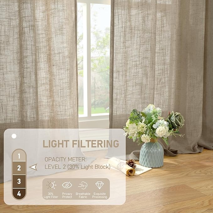 LAMIT Taupe Linen Sheer Curtains 54 Inches Long, Light Filtering Panels Bronze Grommet Country Decor Drapes for Bathroom/Window/Bedroom, 2 Panels Set, 52 x 54 Inch