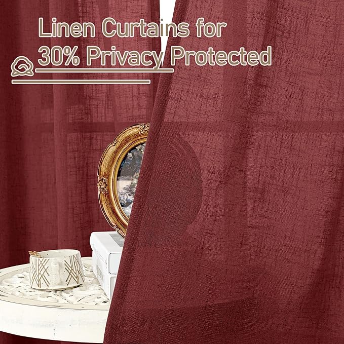 LAMIT Burgundy Red Semi Sheer Linen Curtains 45 Inches Long, Light Filtering Panels Bronze Grommet Christmas Decor Drapes for Bedroom/Window/Farmhouse, 2 Panels, 52 x 45 Inch