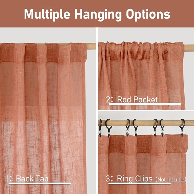 LAMIT Light Filtering Linen Curtains 63 inches Long for Bedroom, Linen Textured Semi Sheer Back Tab and Rod Pocket Terracotta Boho Drapes for Living Room, 2 Panels, 60 x 63 Inch