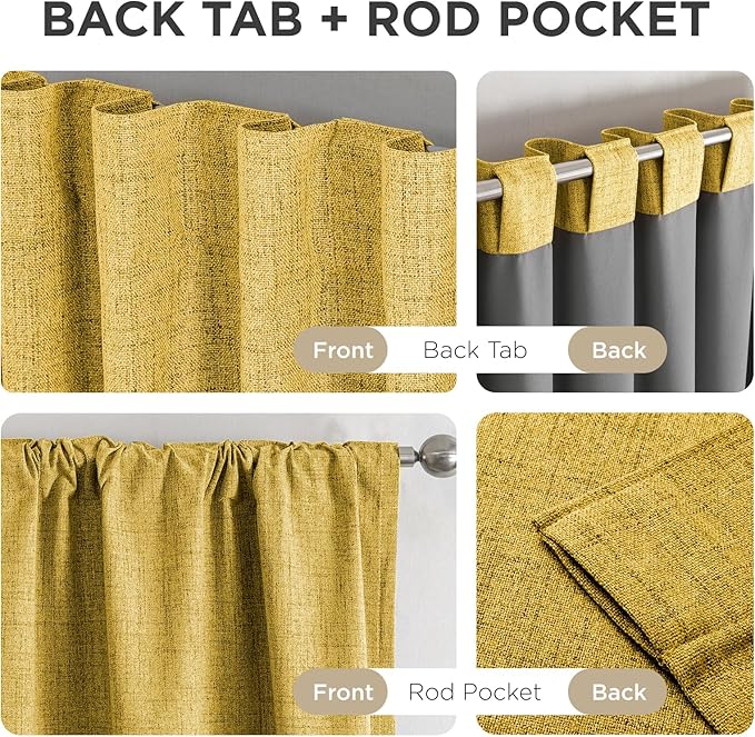 Joydeco Blackout Curtains for Bedroom - 100% Light Blocking 2 Panels Set Yellow Drapes 37" W x 72" L, Thermal Insulated Room Darkening Curtains, Linen Textured for Living Room, Rod Pocket & Back Tabs