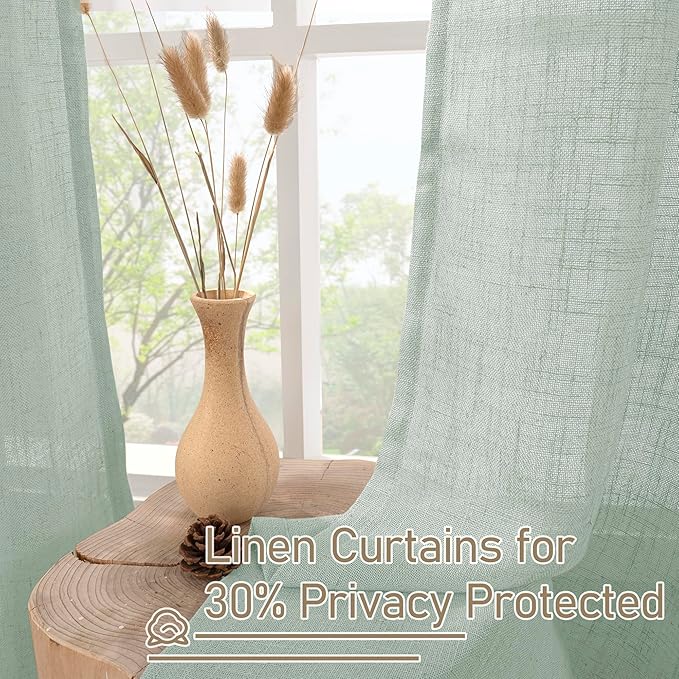 LAMIT Light Sage Linen Curtains 84 inch Length 2 Panels Set, Linen Textured Light Filtering Drapes Bronze Grommet Boho Burlap Panels for Bedroom/Living Room, 52 x 84 Inch