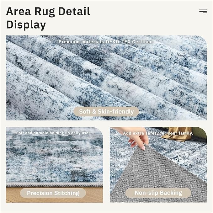 Runner Rug 2x12 Washable Non-Slip Hallway Runner Rugs for Kitchen Bathroom Laundry Room Blue/Grey Vintage Floor Carpet Runners for Hallways Entryway