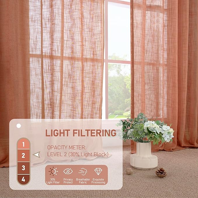 LAMIT Light Filtering Sheer Linen Curtains 102 inches Long, Linen Textured Semi Sheer Bronze Grommet Natural Boho Drapes for Living Room/Farmhouse, 2 Panels, Terracotta, 52 x 102 Inch