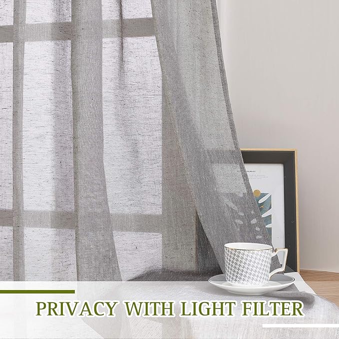 NICETOWN Sheer Curtains Open Linen Blend for Window Decor, Grommet Natural Linen Flax Window Treatment Privacy with Light Filter Vertical Drapes for Bedroom, Charcoal Grey, W52 x L63, 2 Panels