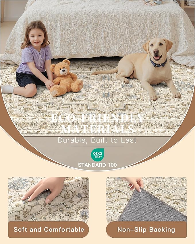 Madane Hallway Runner Rug 3x18 - Kitchen Rugs 18ft Washable Entryway Rug Vintage Kitchen Runners Non Slip Indoor Area Rug Farmhouse Carpet Runner for Bathroom Living Room Bedroom, Beige/Blue