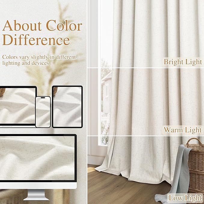 Guken Cream 100% Blackout Linen Curtains 60 Inch Wide by 84 Inch for Living Room Bedroom Back Tab/Rod Pocket Thermal Insulated Black Out 1 Drapes Room Darkening Window Curtains,1 Panel