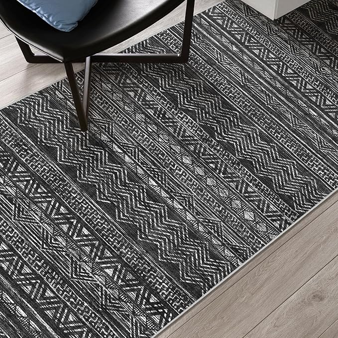 4x10 Washable Hallway Runner Rug：Moroccan Non-Slip Wide Runners for Entryway Kitchen Soft Modern Geometric Low-Pile Rugs for Living Room Thin Waterproof Carpet for Bedroom Bathroom Laundry(Black,4x10)