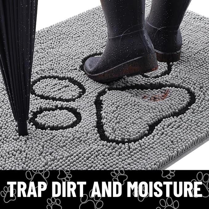 Smiry Dog Door Mat for Muddy Paws, Absorbent Dirt Trapper Non Slip Quick Dry Washable Chenille Mat for Mud Dogs, Entry Rug for Indoor and Outdoor (54x24 Inches, Grey and Black)