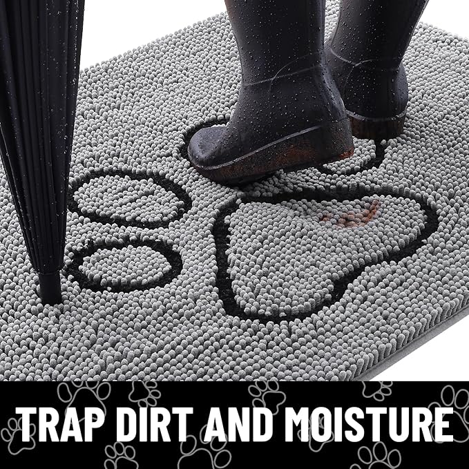 Smiry Dog Door Mat for Muddy Paws, Absorbent Dirt Trapper Non Slip Quick Dry Washable Chenille Mat for Mud Dogs, Entry Rug for Indoor and Outdoor (47x24 Inches, Grey and Black)