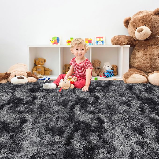 Black Grey Tie-Dyed Rug for Living Room 6x9 Fluffy Area Rug Mat Bedside Throw Rug for Bedroom Kids Room Boys Teens Nursery Baby Dorm Office Home Decor Aesthetic Carpets
