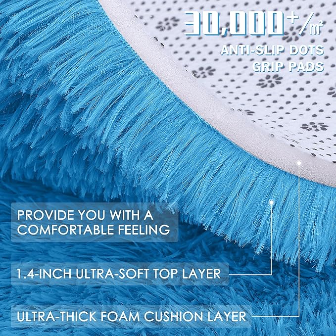 OLANLY Bright Blue Round Rugs for Bedroom - Machine Washable, 2 ft Circle Area Rugs for Living Room, Soft and Fluffy Shaggy Carpet for Teen Girl and Boys, Nursery Rooms, Dorms, Home Decor Aesthetic