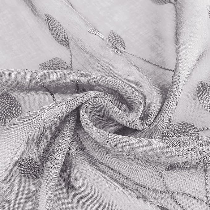 HOMEIDEAS Light Grey Sheer Curtains 52 X 96 Inches Length 2 Panels Embroidered Vine Floral Pattern Pocket Faux Linen Semi Sheer Voile Window Drapes for Bedroom Living Room