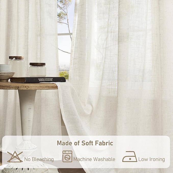 LAMIT Natural Linen Boho Curtains 84 inch Length 2 Panels, Cream Ivory Light Filtering Semi Sheer Panels Back Tab and Rod Pocket Neutral Drapes for Bedroom/Living Room, 34 x 84 Inch