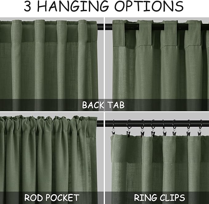 Nanspring Olive Green Linen Curtains for Living Room 2 Panels Set 92 Inch Length Back Tab Light Filtering Semi Sheer Curtain Drapes for Bedroom 52x92