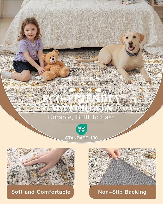 Madane Hallway Runner Rug 2'6''x14' Kitchen Runner, Non Slip Vintage Runners for Hallways Washable Kitchen Rugs Soft Low Pile 2.5x14 ft Rug Runner for Laundry Room, Entryway and Bedroom, Brown/Gold