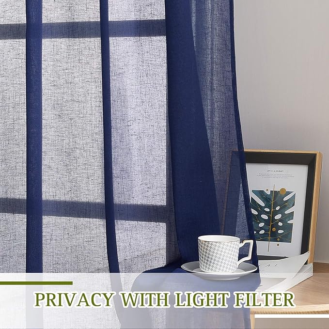NICETOWN Linen Textured Sheer Curtains 96 inch Long for Living Room, Privacy Chic Sheer Curtains Window Treatment Translucent Drapes for Farmhouse/Cottage, W70 x L96, Dark Blue, 1 Pair