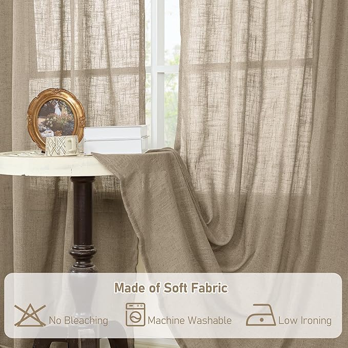 LAMIT Linen Semi Sheer Curtains 96 inches Long 2 Panels Set, Light Filtering Panels Back Tab and Rod Pocket Floor to Ceiling Curtains for Bedroom/Living Room, Taupe, 52 x 96 Inch