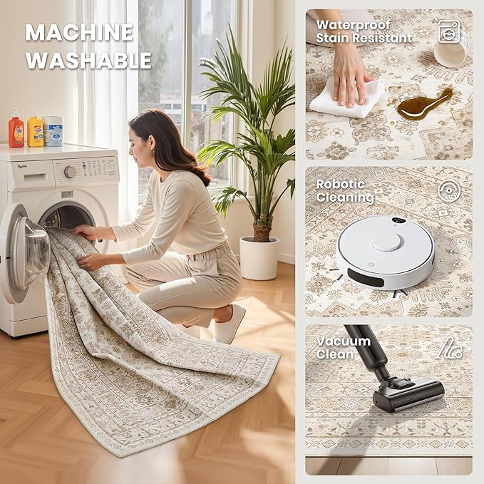 zesthome 10x12 Area Rugs,Stain Resistant Washable Rug,Ultra-Thin Rugs for Living Room,Bedroom,Non-Slip Backing Home Decor Large Area Rug (Cream/Beige,10'x12')