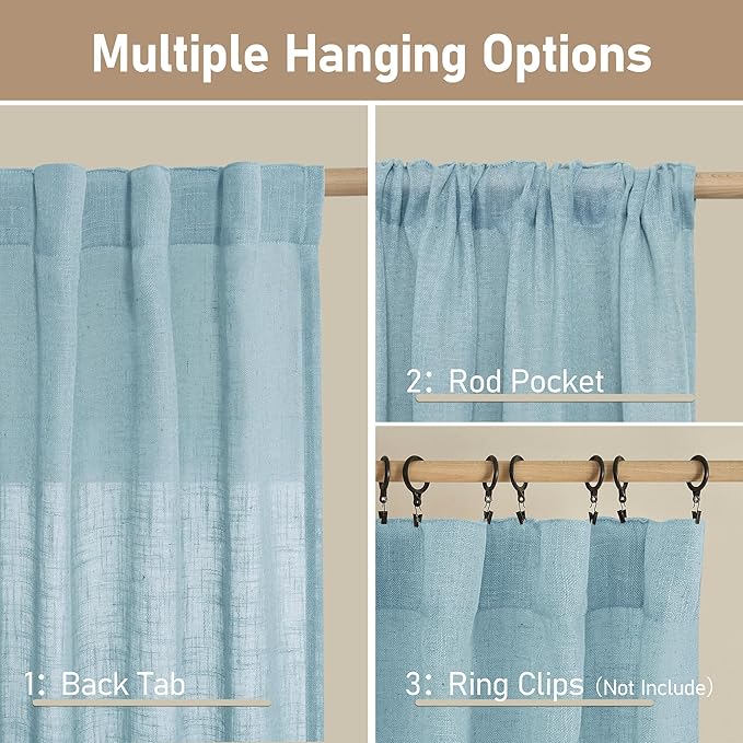 LAMIT Linen Curtains 48 Inch Length 2 Panels, Light Filtering Panels Back Tab and Rod Pocket Country Decor Drapes for Kitchen/Window/Loft Room/Bedroom, 34 x 48 Inch, Stone Blue