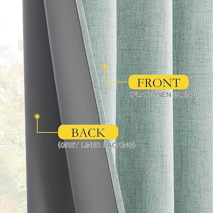 NICETOWN 100% Absolutely Blackout Linen Curtains with Thermal Insulated White Liner, Seafoam Green, 52 inches Wide, 84 inches Length Energy Saving Drapes for Living Room 2 Panels Set, Vertical Blinds
