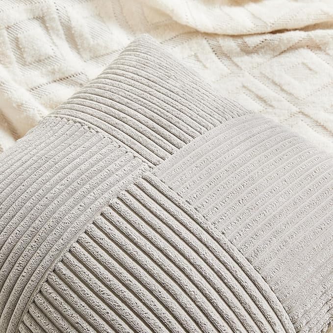 Fancy Homi 2 Packs Neutral Grey Lumbar Decorative Throw Pillow Covers 12x20 Inch for Living Room Couch Bed Sofa, Farmhouse Home Decor, Soft Striped Corduroy Rectangle Accent Cushion Case 30x50 cm