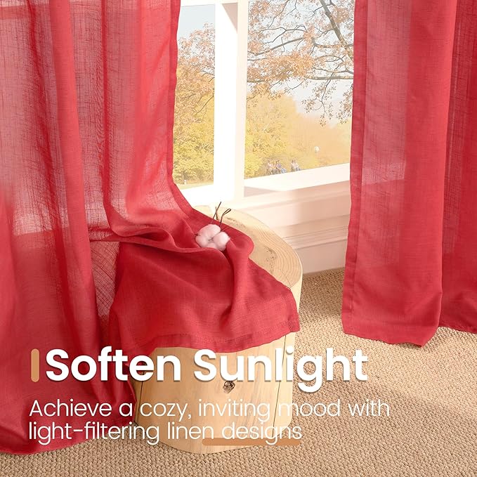 BGment Red Linen Curtains 90 Inch Length for Living Room, Long Semi Sheer Window Drapes Textured for Farmhouse Bedroom Dining with Rod Pocket Lightweight, 2 Panels Set, Each 52 Inch Wide