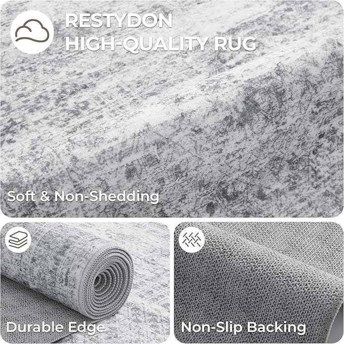 2x7 Runner Rug Non Slip, Thin Entryway Washable Rug for Entryway, Runners for Hallways, Low Pile Vintage Abstract Soft Rugs for Living Room, Kitchen, Bedroom(2'x7', Grey/Ivory)