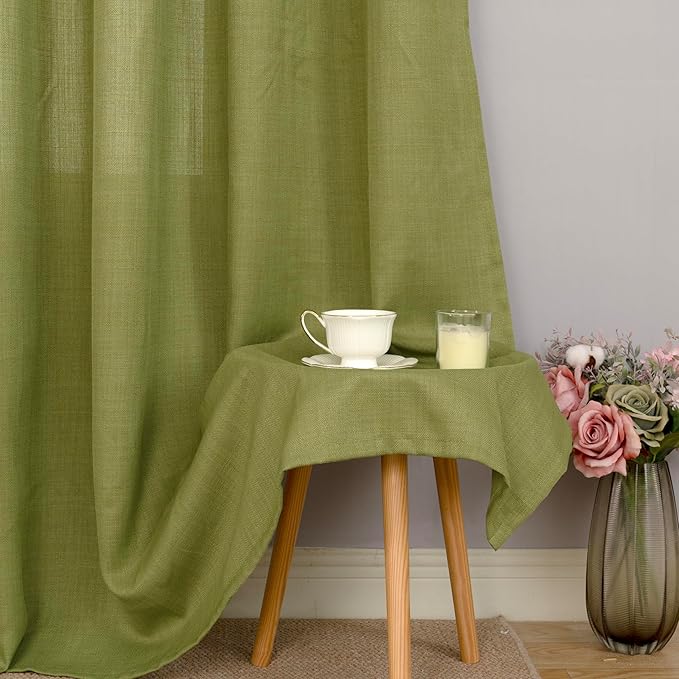 LAMIT Moss Green Linen Curtains 45 inch for Small Windows, Light Filtering Panels, Grommet Privacy Protected Sheer Curtains for Bedroom/Kitchen, Set of 2 Panels, 52 x 45 Inch