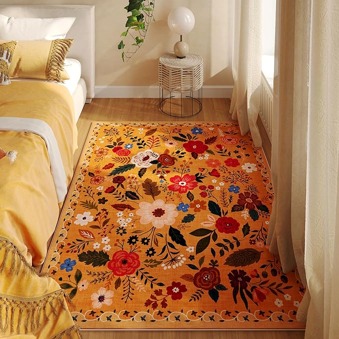 Rugcomf Bedroom Rug 3x5 Rug Washable Area Rug Non Slip Low Pile Boho Floral Small Carpet for Bedroom, Bedside, Kitchen, Entryway, Kids Room, Office, College Dorm Essentials for Girls(Yellow)