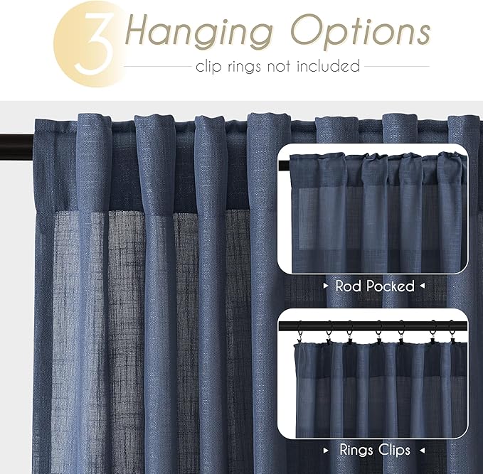Navy Blue Curtains 90 inch Length for Bedroom Back Tab Light Filtering Semi Sheer Blue Living Room Curtains Linen Cotton Textured Indigo Blue Drapery Panel Modern Aesthetic Decor 60" Wx90 L
