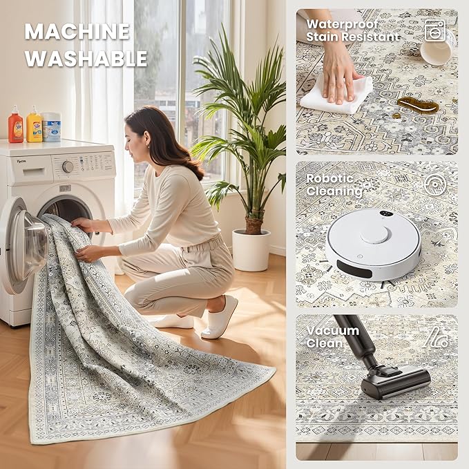 zesthome 12x15 Area Rugs, Large Washable Rug, Ultra-Thin Stain Resistant Rugs for Living Room, Bedroom, Non-Slip Backing Home Decor Area Rug (Beige,12'x15')