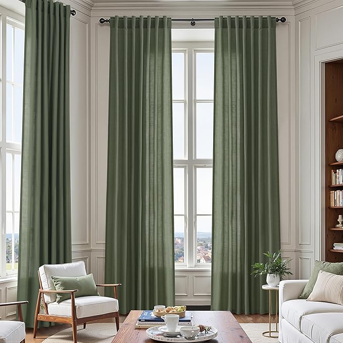 142 Inch Extra Long Curtain for Floor to Ceiling High Window Olive Green Linen Back Tab Curtains for Living Room Filtered and Breathable Semi Sheer Drapes Modern Farmhouse Boho Decor 52x142,2PCS